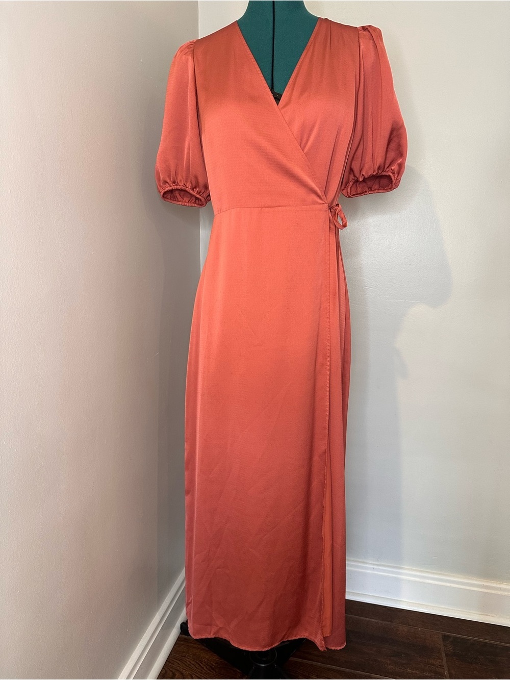 Express Satin Puff Sleeve Belted Wrap Maxi Dress terricotta